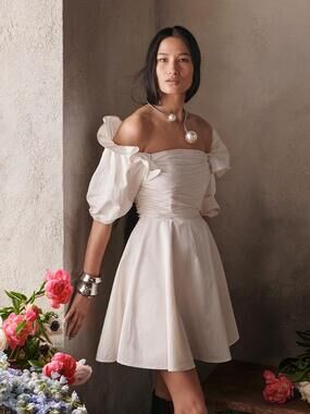NEW Prabal Gurung Off Shoulder Elbow Sleeve Fit n Flare Dress white 12